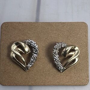 10k Yellow Gold Heart Twist Stud Earrings Clear Accent Stones 1.82g